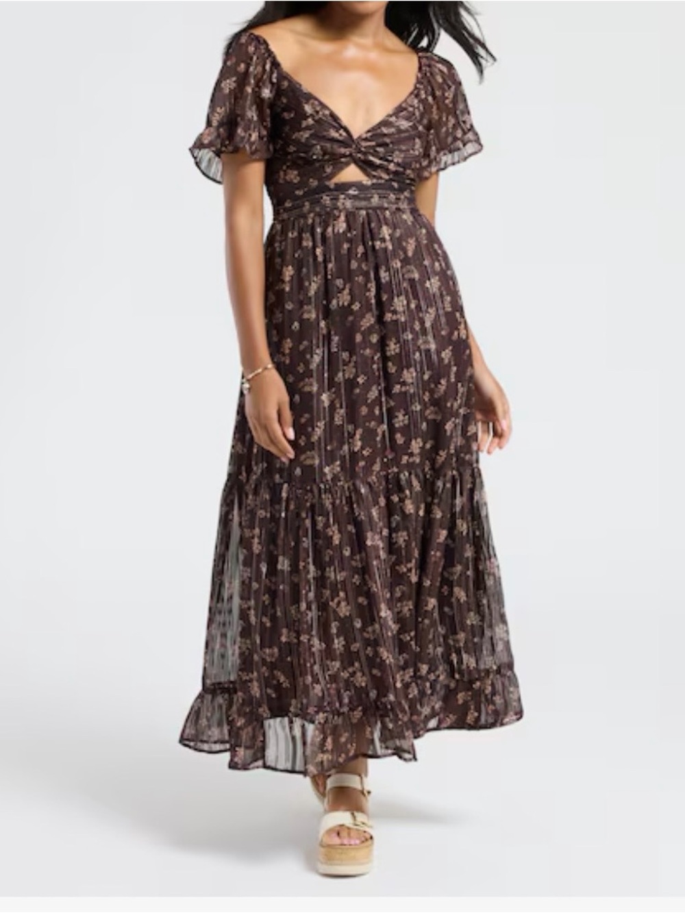 Angie Brown Floral Twist-Front Maxi Dress
